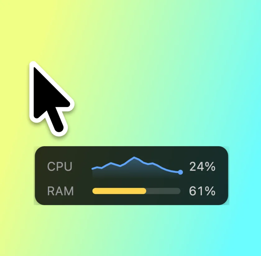 A performance monitor showing live CPU and RAM readings beside the mouse cursor